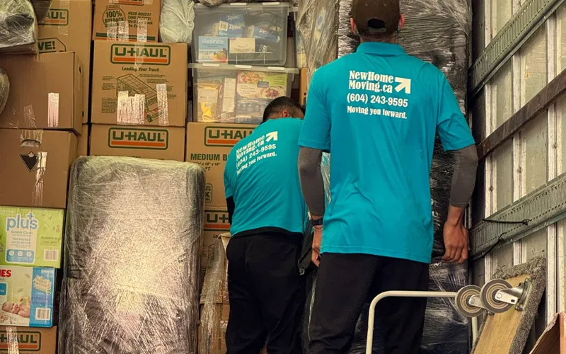 A fully loaded moving truck — the crew and truck size drive the hourly rate Moving truck loaded with wrapped furniture and stacked boxes